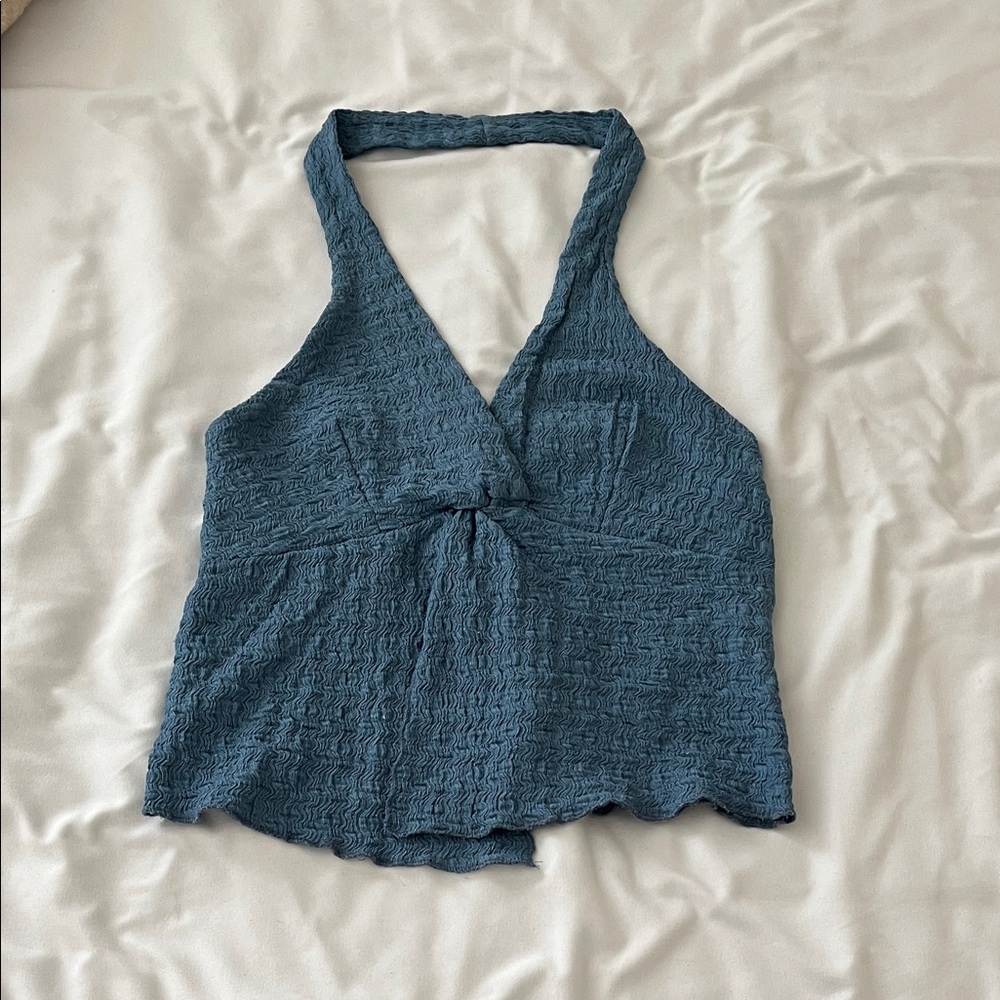 Pull&Bear Textured Blue Crop Top